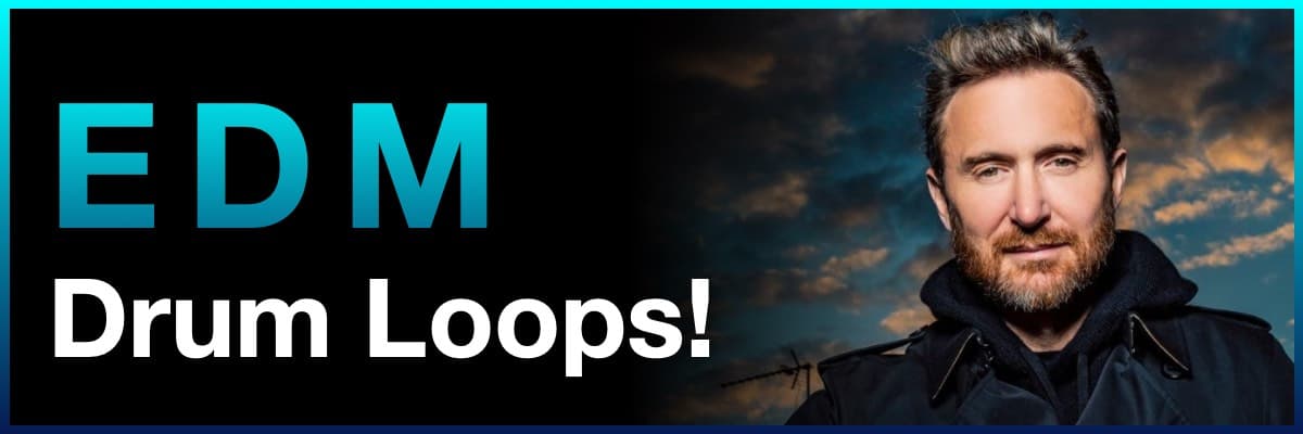EDM Drum Loops banner featuring a portrait of DJ David Guetta