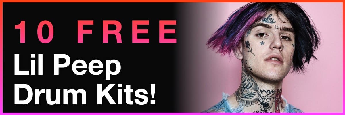 10 Free Lil Peep Drum Kits banner featuring the rapper with purple hair and face tattoos