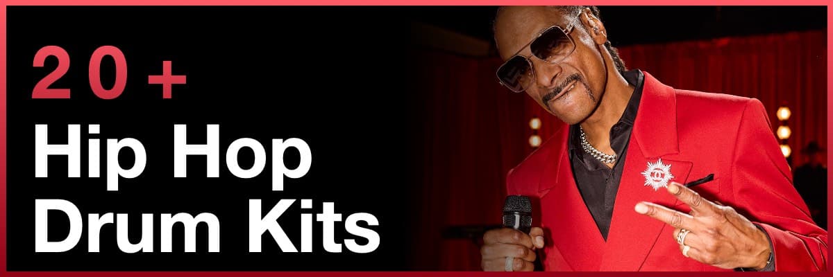 20+ Hip Hop Drum Kits banner featuring Snoop Dogg in a red suit