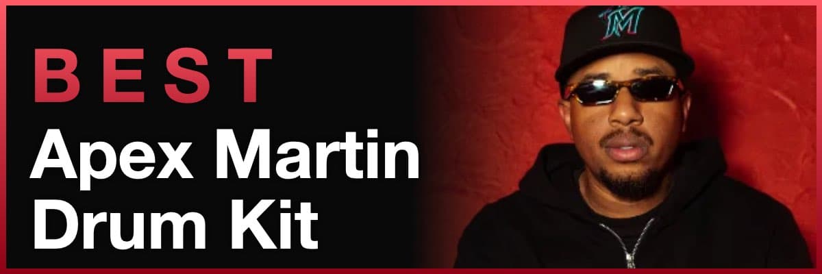 Best Apex Martin drum kit banner with artist wearing sunglasses on red background
