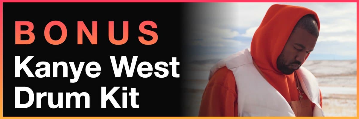 Bonus Kanye West drum kit banner with artist in orange hoodie outdoors