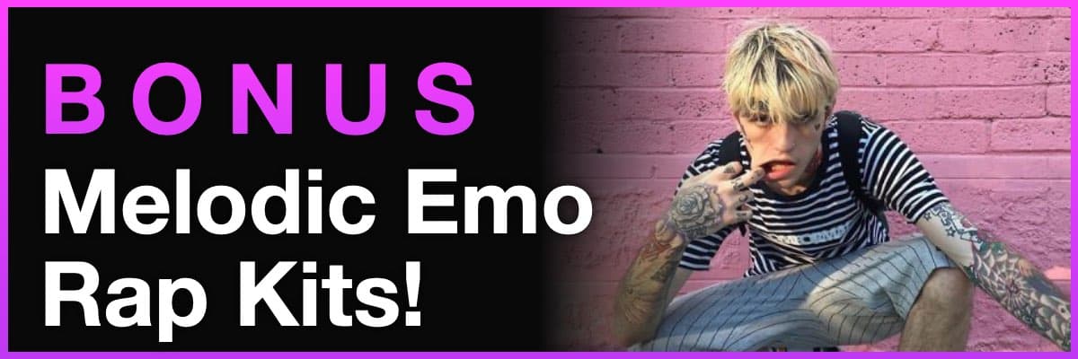 Bonus melodic emo rap kits banner with artist sitting against pink wall