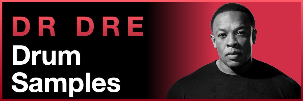 Dr Dre Drum Samples banner featuring a black and white portrait of the producer
