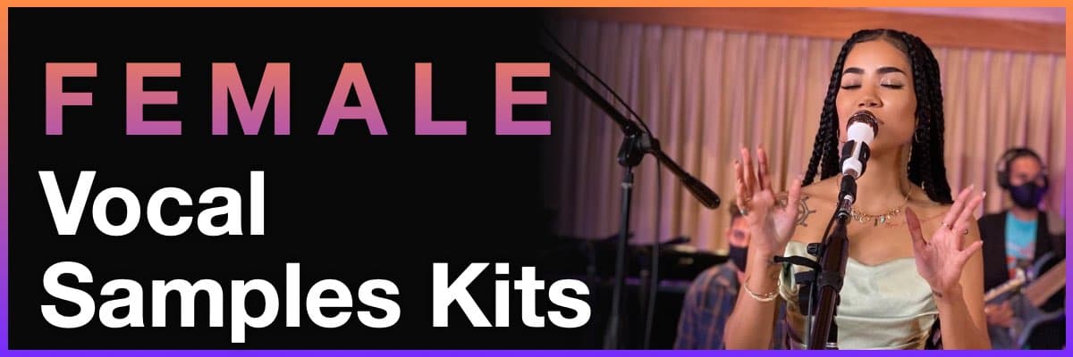 Female vocal samples kits banner with singer performing into microphone