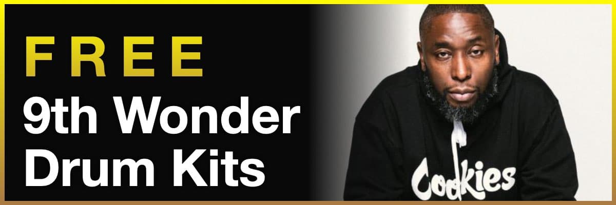 Free 9th Wonder drum kits banner with producer portrait on neutral background