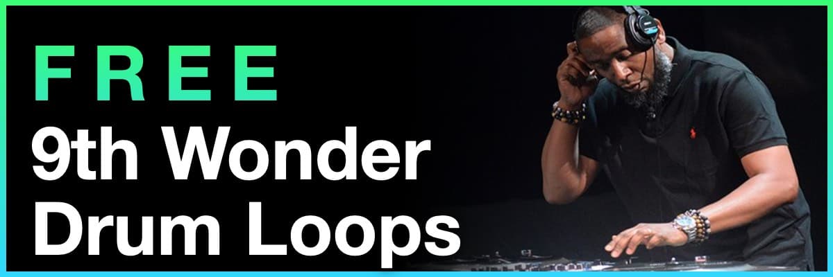 Free 9th Wonder Drum Loops banner featuring 9th Wonder DJing with headphones
