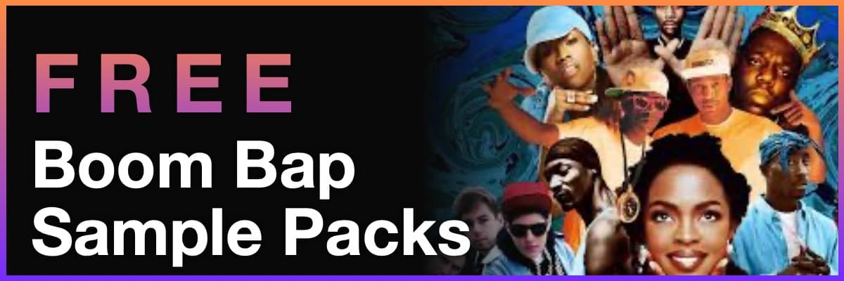 Free Boom Bap Sample Packs banner featuring a collage of hip hop legends
