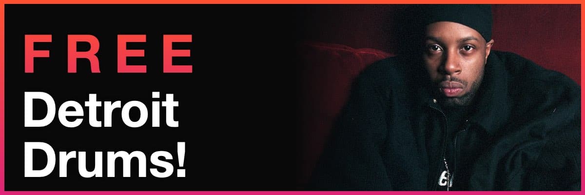 Free Detroit drums banner with artist portrait on dark background