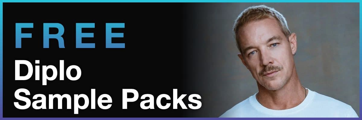 Free Diplo sample packs banner with artist portrait on neutral background