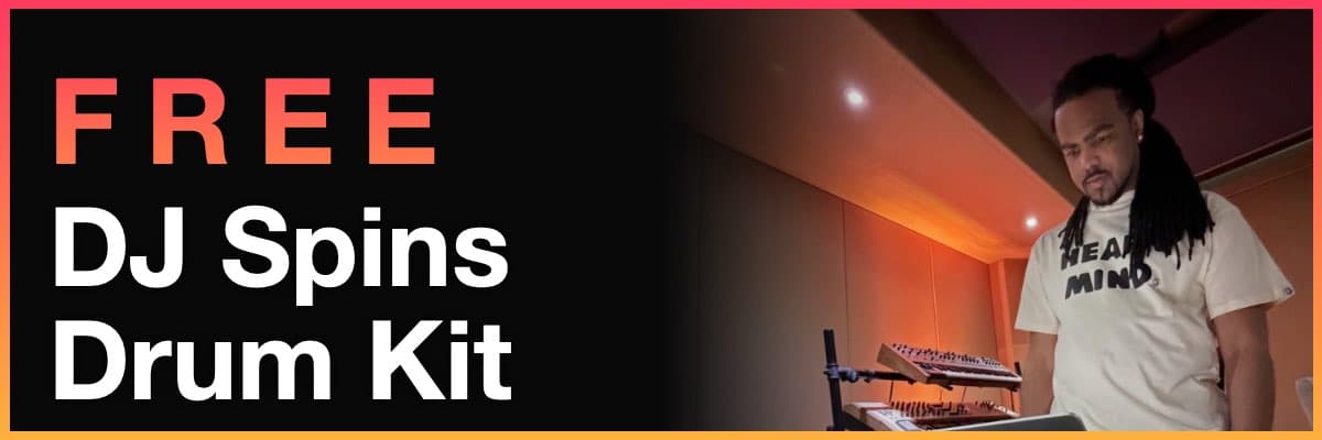 Free DJ Spinz drum kit banner with producer in studio using synths