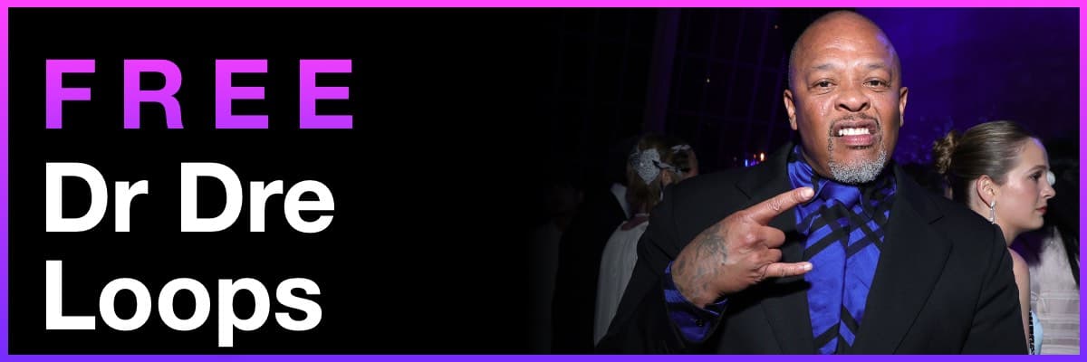 Free Dr Dre Loops banner featuring the producer in a formal suit