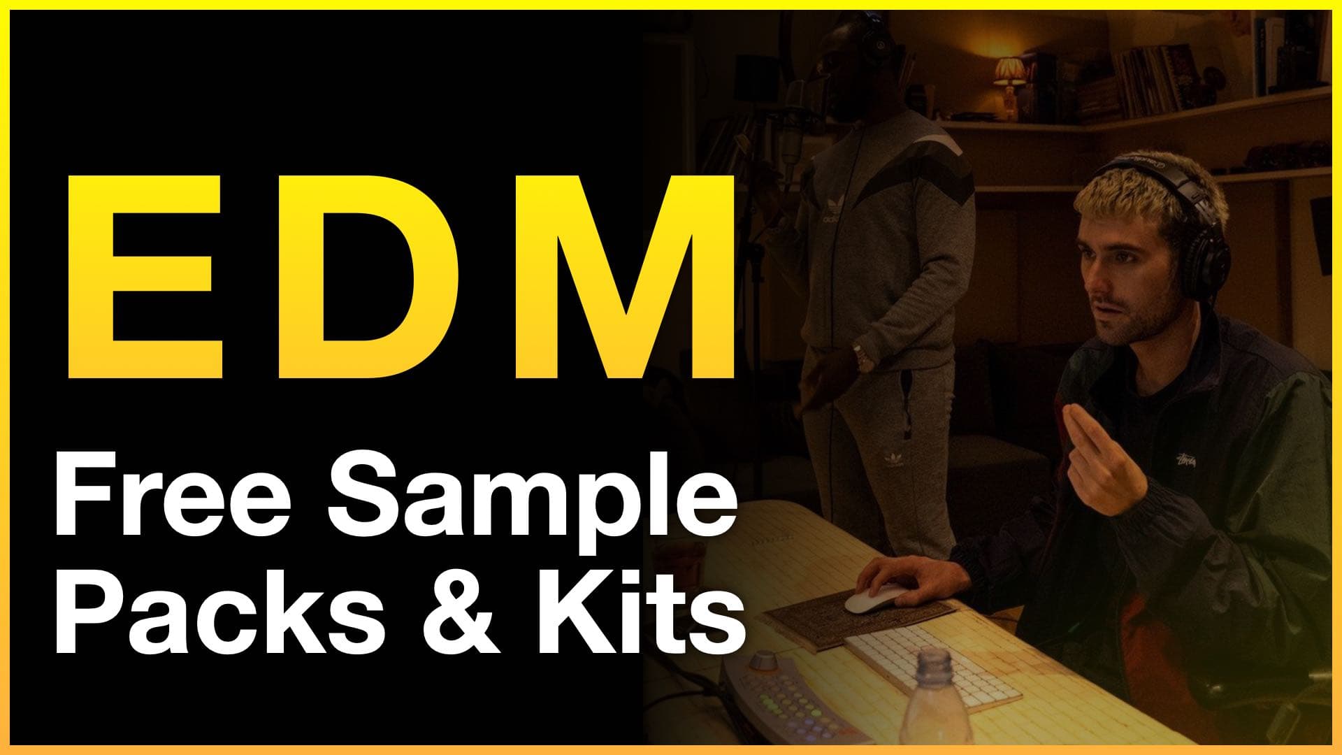 EDM Free Sample Packs banner featuring Fred again.. in a music studio