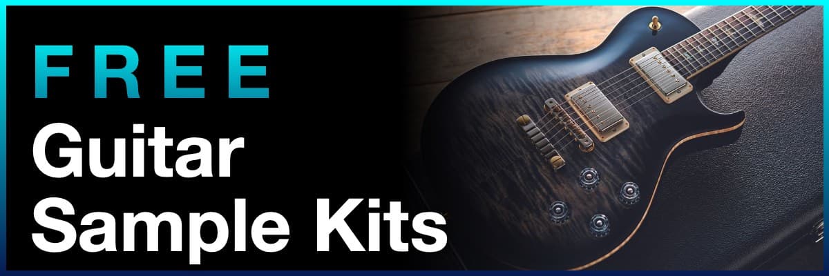 Free Guitar Sample Kits banner featuring a black electric guitar on a case
