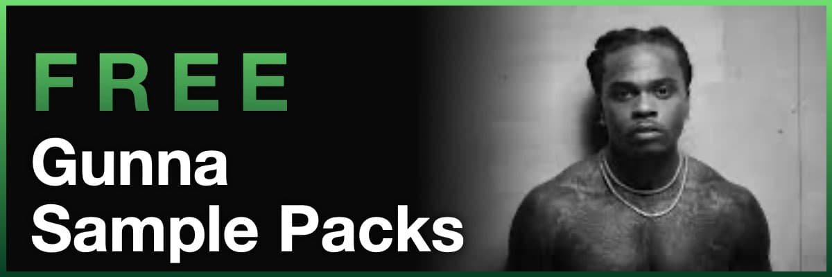 Free Gunna Sample Packs banner featuring a black and white artist portrait