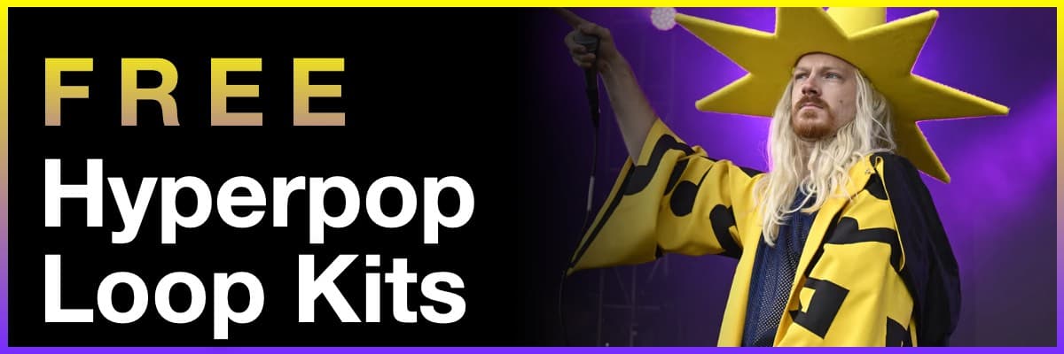 Free Hyperpop Loop Kits banner featuring 100 gecs in a sun hat.