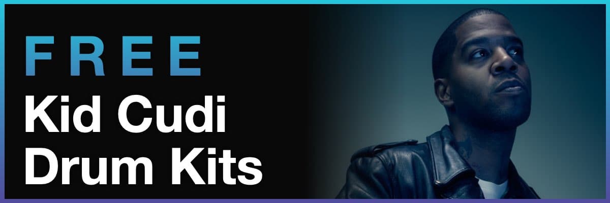 Free Kid Cudi drum kits banner with artist portrait on blue background
