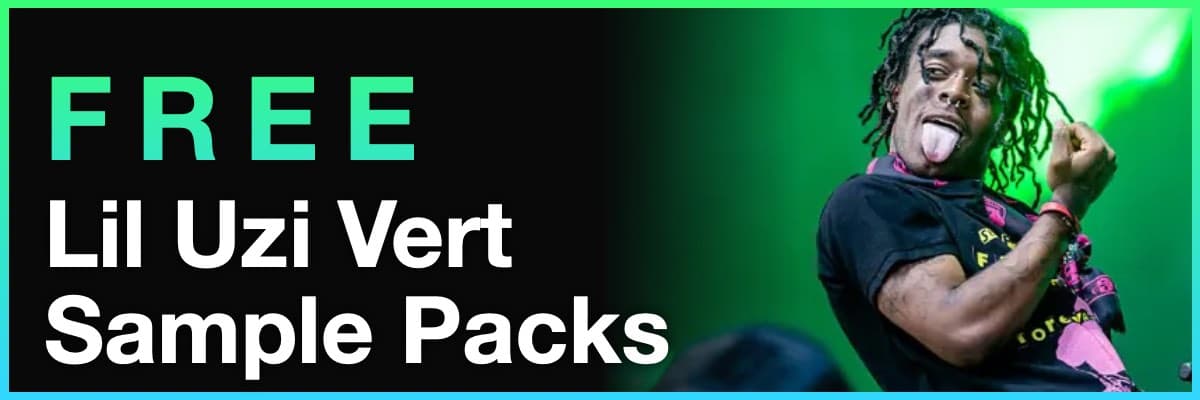 Free Lil Uzi Vert Sample Packs banner featuring the rapper performing live on stage under green lights