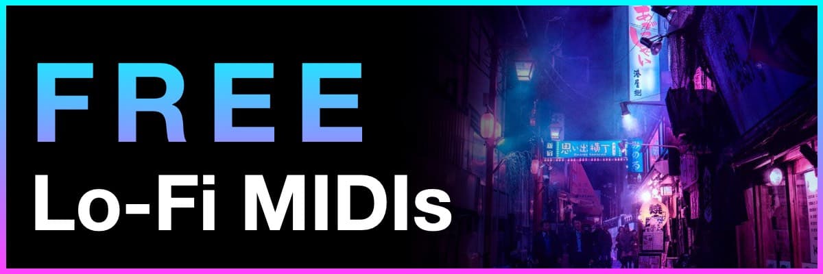 Free Lo-Fi MIDIs banner featuring a neon-lit Japanese street at night