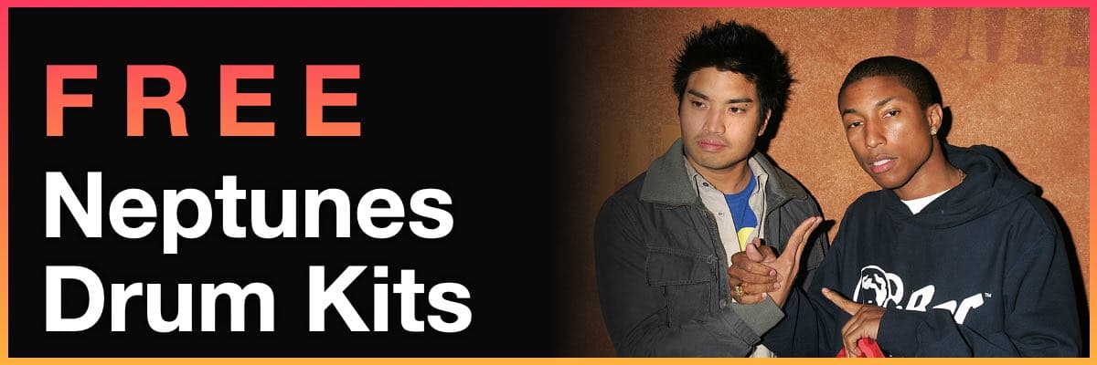 Free Neptunes drum kits banner featuring Pharrell Williams and Chad Hugo