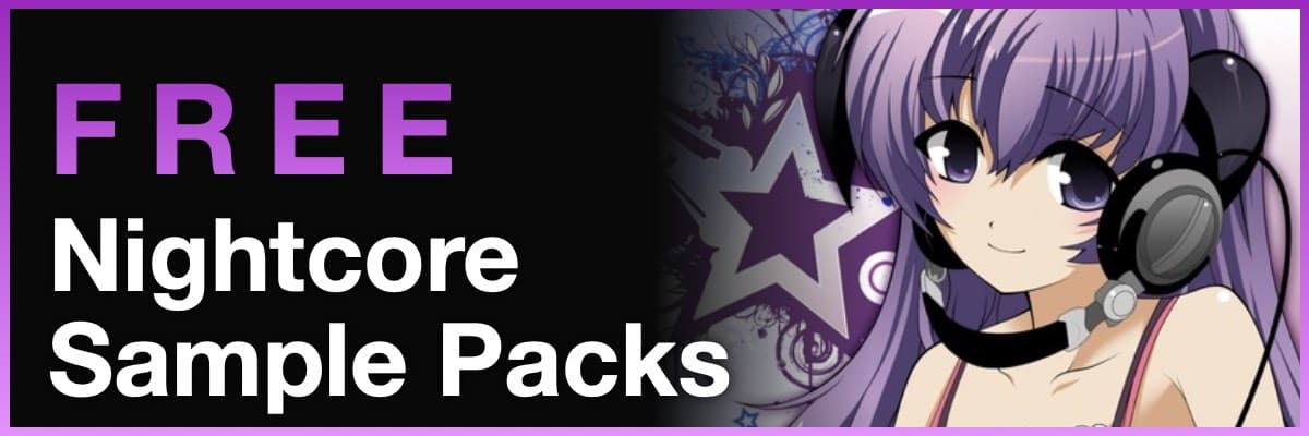Free nightcore sample packs banner with anime girl wearing headphones and purple theme
