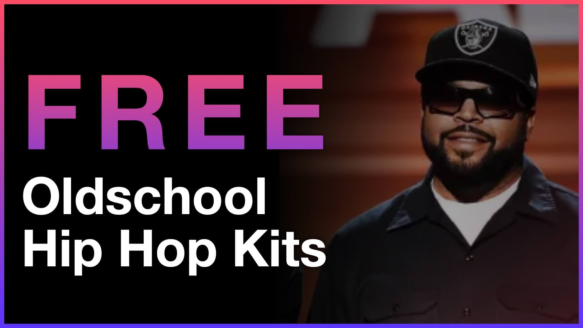 Free Oldschool Hip Hop Kits banner featuring a portrait of Ice Cube