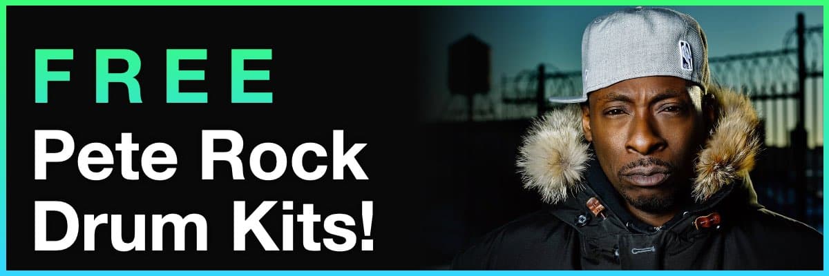 Free Pete Rock drum kits banner with artist portrait wearing winter jacket