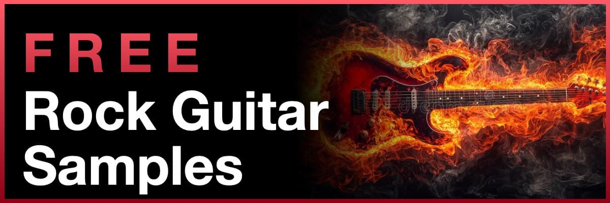 Free Rock Guitar Samples banner featuring an electric guitar engulfed in flames