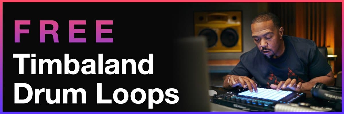 Free Timbaland Drum Loops banner featuring the producer working in a studio