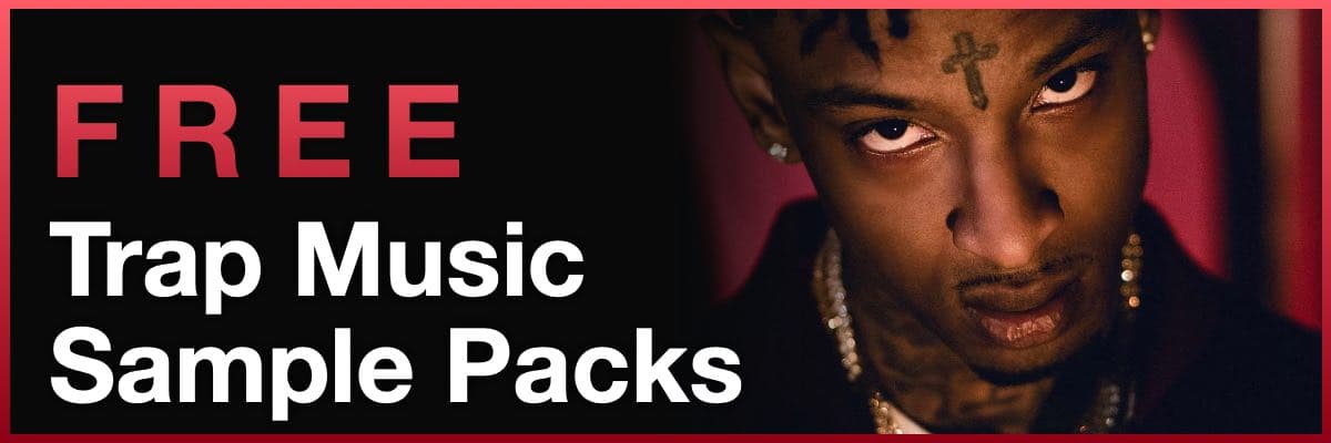 Free Trap Music Sample Packs banner featuring a portrait of 21 Savage