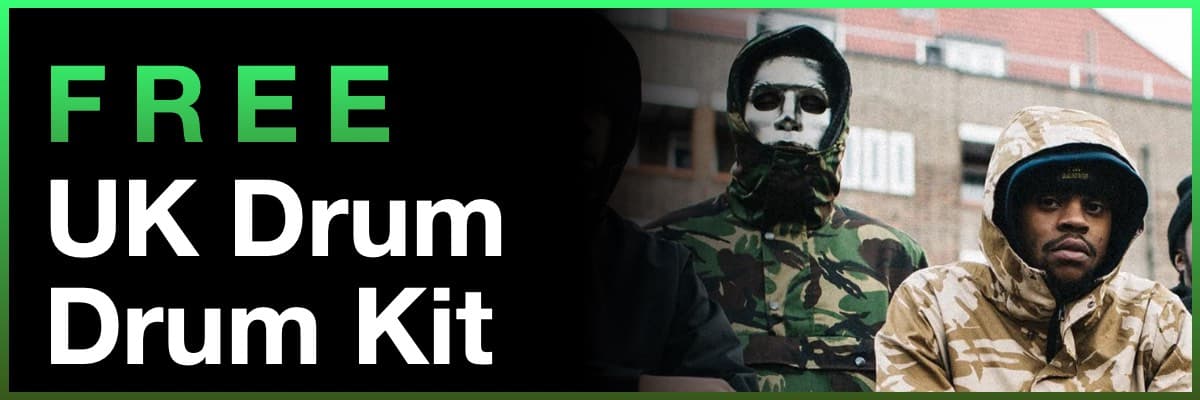Free UK Drum Drum Kit banner featuring artists in hooded camouflage jackets