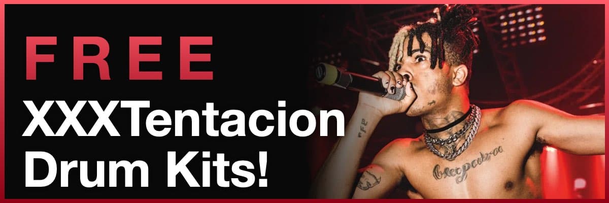 Free XXXTentacion Drum Kits banner featuring a live performance portrait