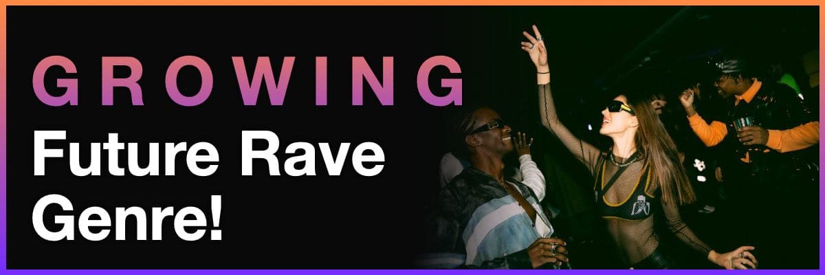 Banner highlighting the growing Future Rave genre with people dancing at night