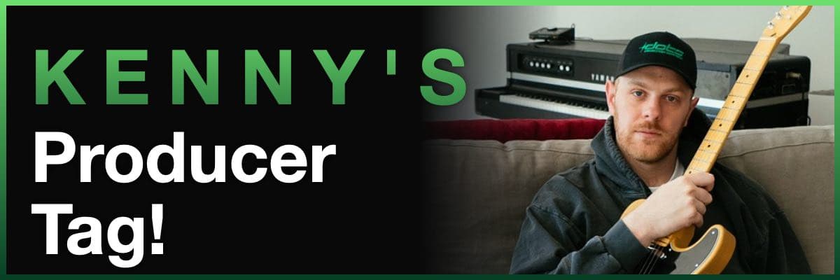 Kenny Beats producer tag banner featuring the producer holding a guitar in his studio