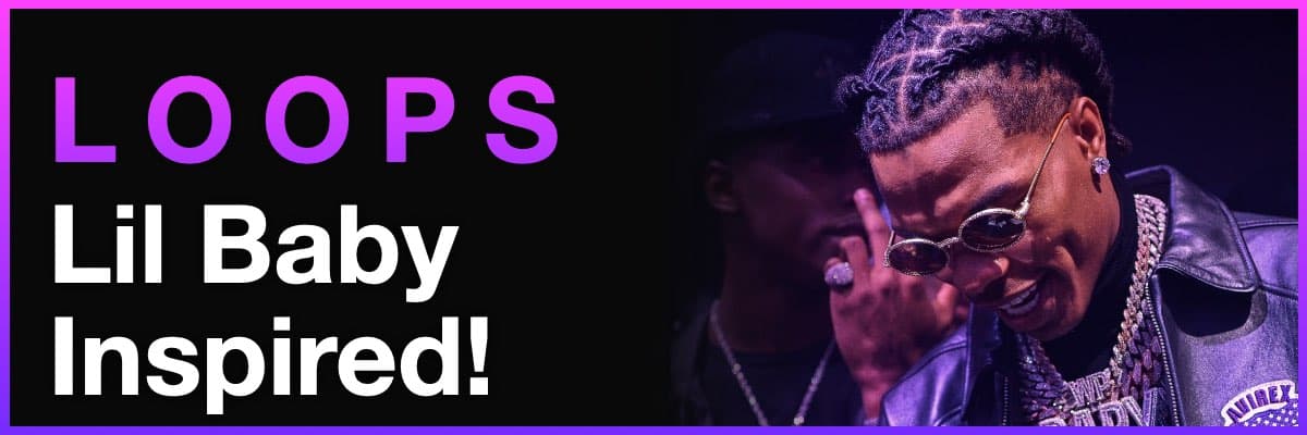 Lil Baby Inspired Loops banner featuring the rapper smiling with sunglasses and chains