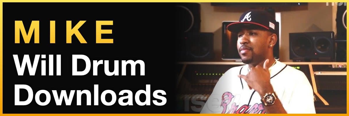 Mike Will Drum Downloads banner featuring the producer in a studio wearing an Atlanta Braves cap