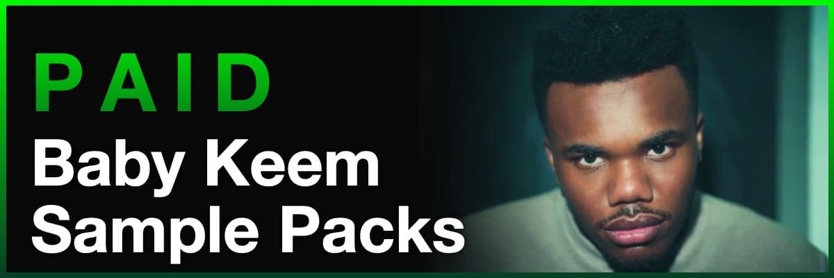 Paid Baby Keem sample packs banner with close-up artist portrait