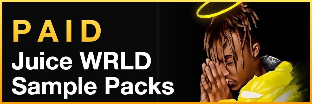Paid Juice WRLD sample packs banner with illustrated artist praying and halo