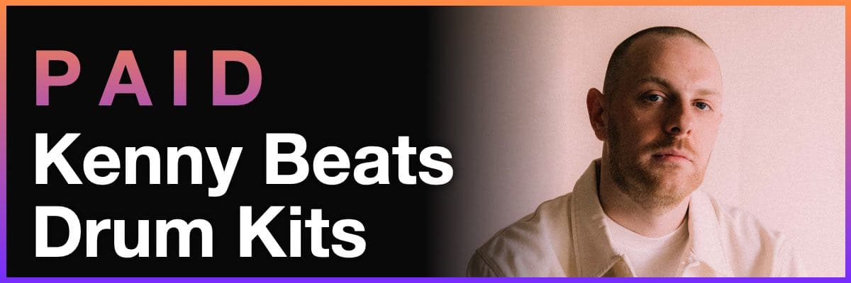 Paid Kenny Beats Drum Kits banner featuring the producer in a clean minimal portrait shot