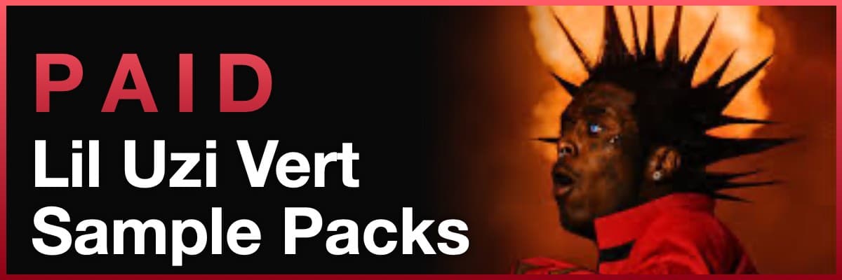 Paid Lil Uzi Vert Sample Packs banner featuring the rapper with a spiked mohawk performing against a fiery background