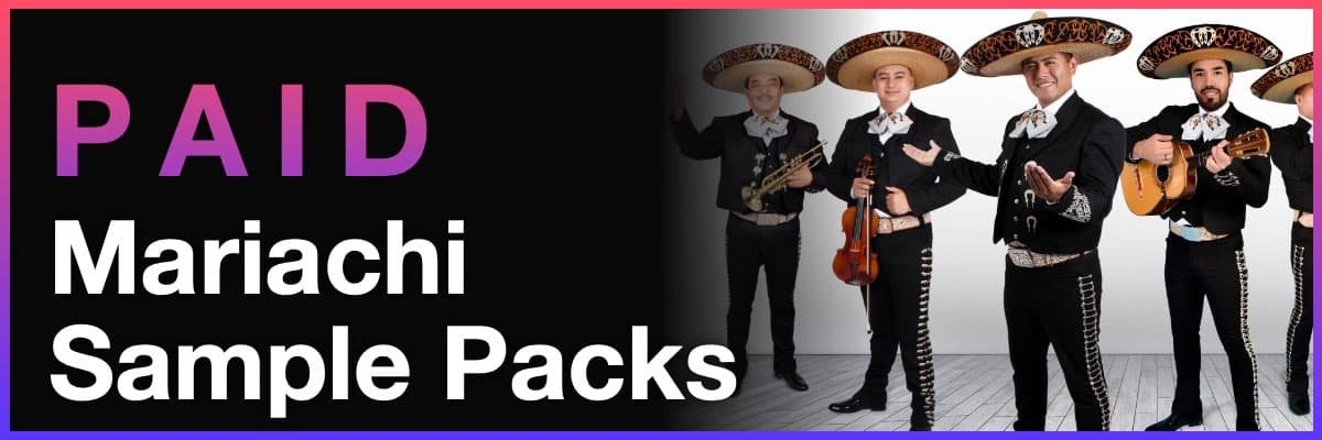 Paid mariachi sample packs banner with group of musicians in traditional outfits