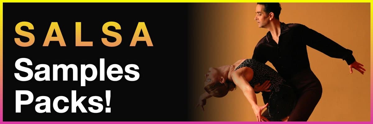 Salsa sample packs banner with dancing couple performing on stage