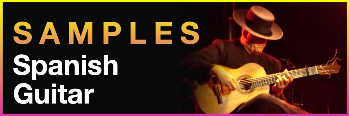 Spanish guitar samples banner with musician playing acoustic guitar on stage