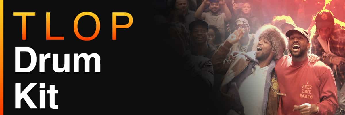 TLOP Drum Kit banner featuring Kanye West and Kid Cudi in a crowd