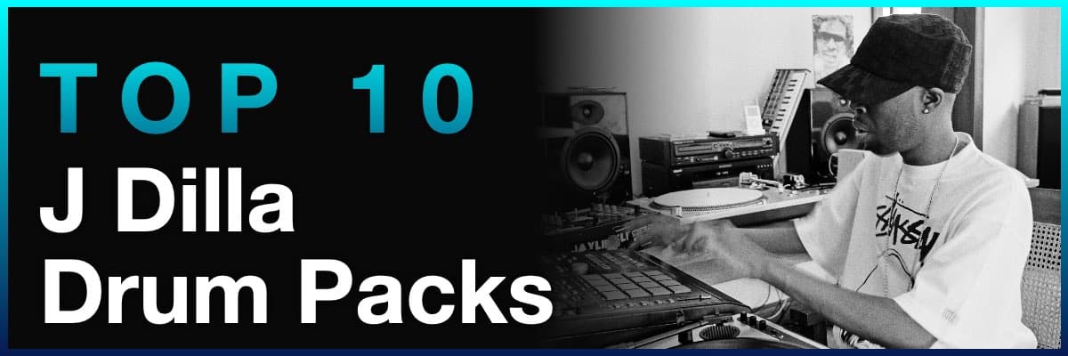 Top 10 J Dilla drum packs banner with producer using MPC in studio
