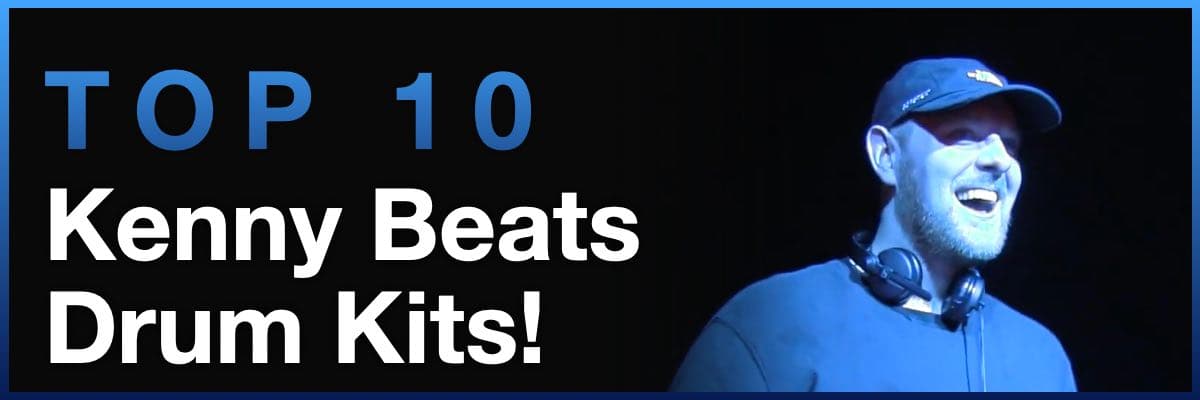 Top 10 Kenny Beats Drum Kits banner featuring the producer smiling with headphones around his neck