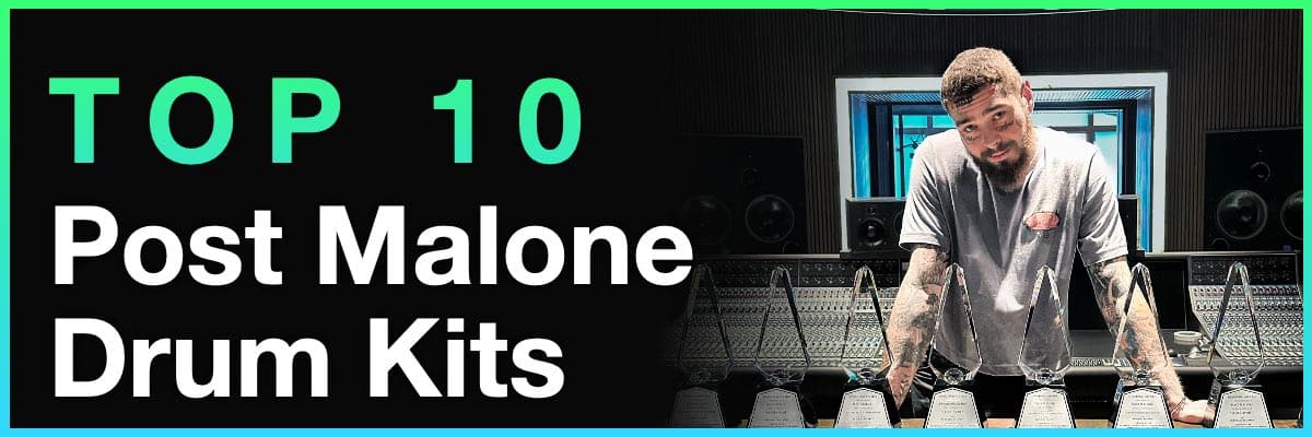 Top 10 Post Malone Drum Kits banner featuring the artist in studio