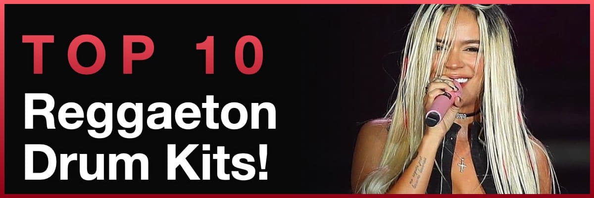 Top 10 Reggaeton drum kits banner featuring a portrait of Karol G
