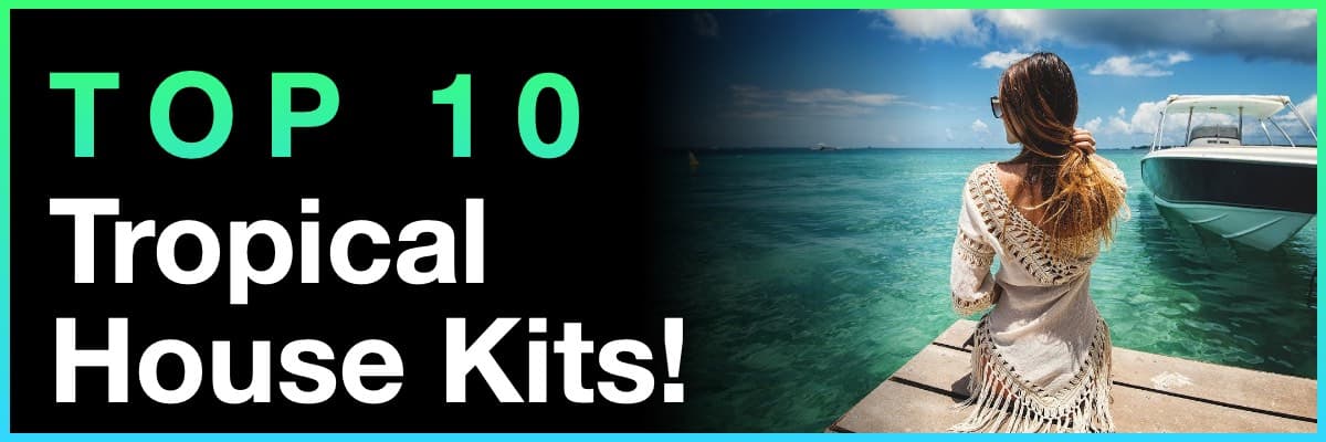 Top 10 Tropical House Kits banner featuring a woman overlooking turquoise water