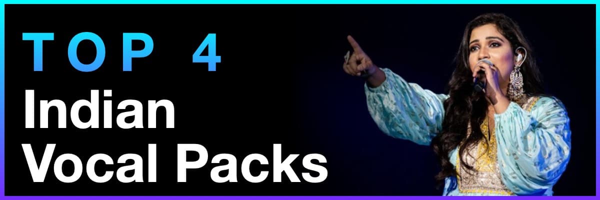 Top 4 Indian Vocal Packs banner featuring a woman singing into a microphone
