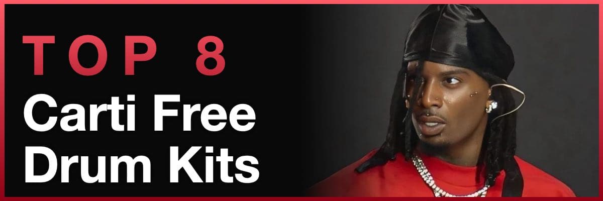 Top 8 Playboi Carti Free Drum Kits banner featuring an artist portrait